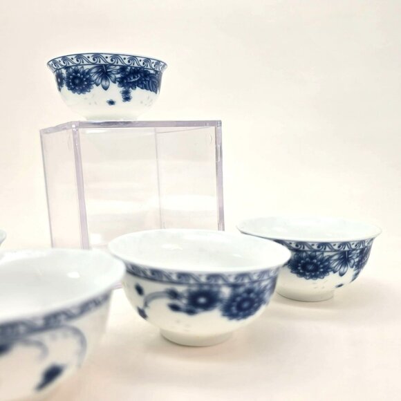Blue & White Chinese Tea Bowls Porcelain China Set of 6 Floral je191 - Picture 6 of 8